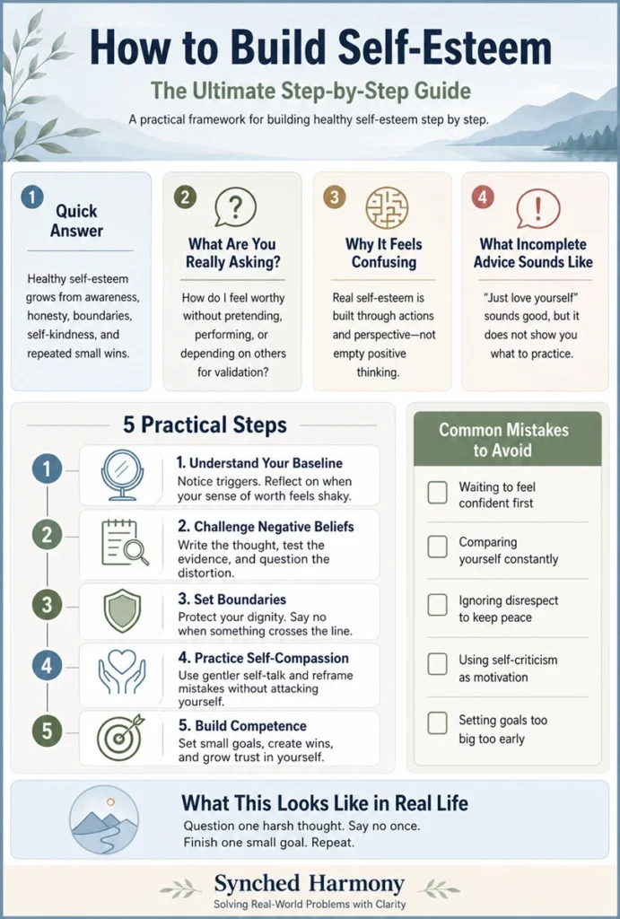 How to Build Self-Esteem: 5 Ultimate Step-by-Step Guide for Lasting Confidence 2 Infographic explaining how to build self-esteem the ultimate step-by-step guide with a practical Synched Harmony framework